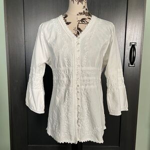 Inca Cottons White 3/4 Bell Sleeve Button Blouse Size L